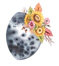Watercolor moon with autumn bouquets isolated