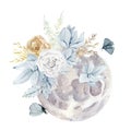 Watercolor moon and floral bouquet. Elegans celestial with flowers and buterfly. White and blue illustration for moon calendar