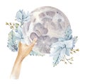 Watercolor moon and floral bouquet. Elegant celestial with flowers. Phase moon in heand. White and blue  illustration Royalty Free Stock Photo