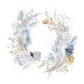 Watercolor moon and floral frame. Phase moon. Celestial art with flowers composition and butterfly. White and blue illustration Royalty Free Stock Photo