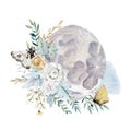 Watercolor moon and floral wreath. White and blue illustration for moon calendar