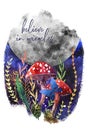 Watercolor moon, mushrooms and flowers on dark background. Hand painted watercolor beautiful illustration.