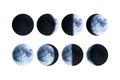 Watercolor moon phases. Hand drawn illustration isolated on white. Painted Earth satellite