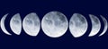 Watercolor moon phases. Hand painted various phases isolated on night sky background.