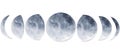 Watercolor moon phases. Hand painted various phases isolated on white background.