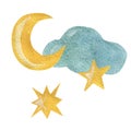 Watercolor moon, star and cloud isolated on the white background
