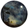 Watercolor Moon at starry night, galaxy with stars, space and astrology universe illustration. Royalty Free Stock Photo