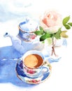 Watercolor Morning Breakfast Coffee Rose Illustration Hand Drawn Royalty Free Stock Photo