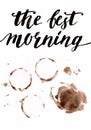 Watercolor morning coffee lettering on white background on brown