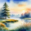 Watercolor morning fog with ponds and