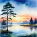 Watercolor morning fog with ponds and