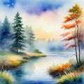Watercolor morning fog with ponds and
