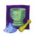 Watercolor mortar and pestle with powder on violet square. Magic witch blue trituration, green marble bowl and ochre