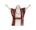 Watercolor Moses portrait with raised hands for separating Red sea in Exodus, Passover illustration of Haggadah history