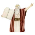 Watercolor Moses with Ten Commandments stone tablets illustration. Biblical story of Jewish Hebrew Tanakh Shavuot