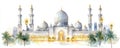 Watercolor mosque minarets dome religious Islamic architecture Royalty Free Stock Photo