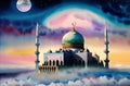 Watercolor Mosque for Ramadan Kareem Eid Greetings for Muslim Festival of fasting. Generative AI