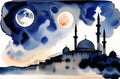 Watercolor Mosque for Ramadan Kareem Eid Greetings for Muslim Festival of fasting. Generative AI