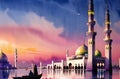 Watercolor Mosque for Ramadan Kareem Eid Greetings for Muslim Festival of fasting. Generative AI