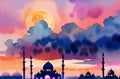 Watercolor Mosque for Ramadan Kareem Eid Greetings for Muslim Festival of fasting. Generative AI