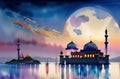 Watercolor Mosque for Ramadan Kareem Eid Greetings for Muslim Festival of fasting. Generative AI