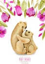 Watercolor mother bear and her baby, pink flowers floral border Royalty Free Stock Photo