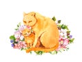 Watercolor mother cat with kitten pet. Mother`s day card for mom with lovely animal in grass, flowers.