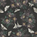 Watercolor moths with dark flowers, seamless pattern