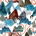 Watercolor mountain art background. Abstract landscape seamless pattern Royalty Free Stock Photo