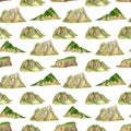 Watercolor mountain chain seamless pattern. Hand painted high green mountain range background. Summer landscape isolated Royalty Free Stock Photo