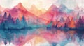 Watercolor Mountain Lake Scene