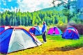 Watercolor mountain landscape. High mountain landscape. Tourist tents on the background of a mountain forest. Travel and vacation