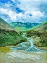 Watercolor mountain landscape, Himalayas, Tibet. Tourism, travel. Mountain and lake views. Digital painting - illustration.