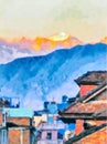 Watercolor mountain landscape. Himalayas, Tibet. Travel, tourism. City landscape against the background of mountains. Anapurna.