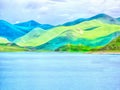 Watercolor mountain landscape, Himalayas, Tibet