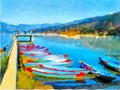 Watercolor. Mountain landscape. Panorama mountain lake. Lovely view of wooden boats at the pier in Phewa Lake, Pokhara, Nepal.