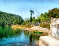 Watercolor mountain landscape. Phewa Lake, Pokhara, Nepal Royalty Free Stock Photo