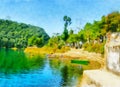 Watercolor mountain landscape. Phewa Lake, Pokhara, Nepal Royalty Free Stock Photo