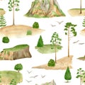 Watercolor mountain landscape seamless pattern. Hand drawn high green mountains range, sand hills, pine trees isolated