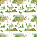 Watercolor mountain landscape seamless pattern. Hand drawn high green mountains summits, pine trees isolated on white Royalty Free Stock Photo