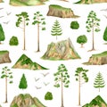 Watercolor mountain landscape seamless pattern. Hand drawn high green mountains summits, pine trees isolated on white Royalty Free Stock Photo