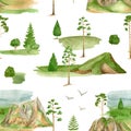 Watercolor mountain landscape seamless pattern. Hand drawn high green mountains summits, pine trees isolated on white Royalty Free Stock Photo