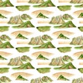 Watercolor mountain range seamless pattern. Hand drawn high green mountains peaks background. Summer landscape isolated Royalty Free Stock Photo