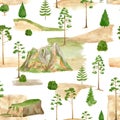 Watercolor mountain ridge landscape seamless pattern. Hand drawn high green mountains range, pine trees isolated on Royalty Free Stock Photo