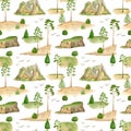 Watercolor mountain ridge landscape seamless pattern. Hand drawn high green mountains range, pine trees isolated on Royalty Free Stock Photo