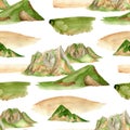 Watercolor mountain ridge seamless pattern. Hand drawn high green mountains range background. Summer landscape isolated Royalty Free Stock Photo