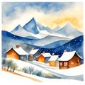 Watercolor mountain village and Christmas minimalistic card with houses and snow.