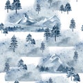 Watercolor mountaine landcape seamless pattern with forest tree. Fir Tree deep blue color for textile fabric