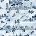 Watercolor mountaine landcape seamless pattern with forest tree, travel deep blue color illustration for textile fabric