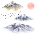Watercolor Mountains, Birds and Moon Royalty Free Stock Photo